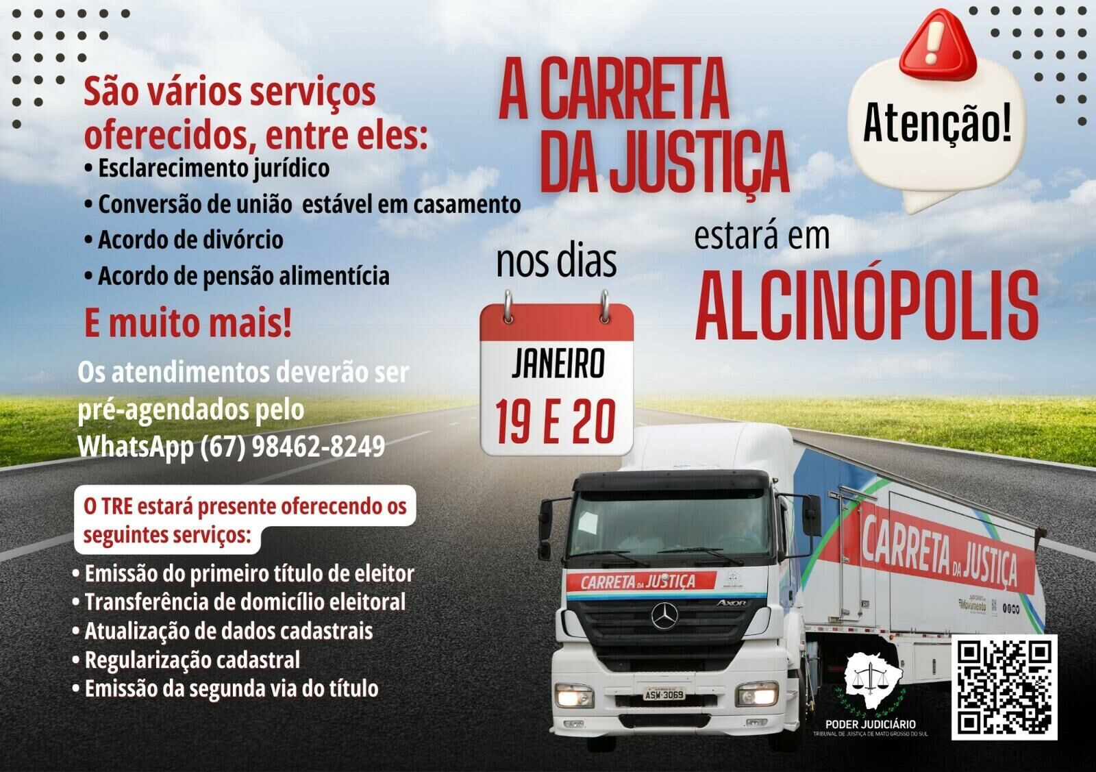 Imagem de compartilhamento para o artigo Prefeitura de Alcinópolis informa: Carreta da Justiça chega à cidade nos dias 19 e 20 de janeiro da MS Todo dia